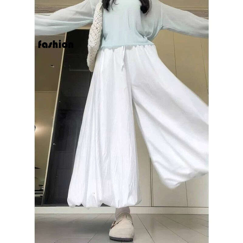 White Flower Bud Skirt For Women Summer High Waist Slimming Loose Versatile Lazy Style Lantern Wide Leg Pants B5 h7