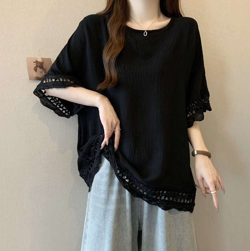 High-End Lace Hollow Short Sleeve T-Shirt Women Summer Plus Size Loose Stylish Top For Covering Belly B5