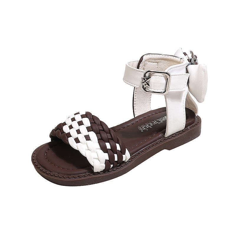 Children's Woven 2024 Summer New Girls' Fashion Bow Soft Sole Princess Roman Sandals