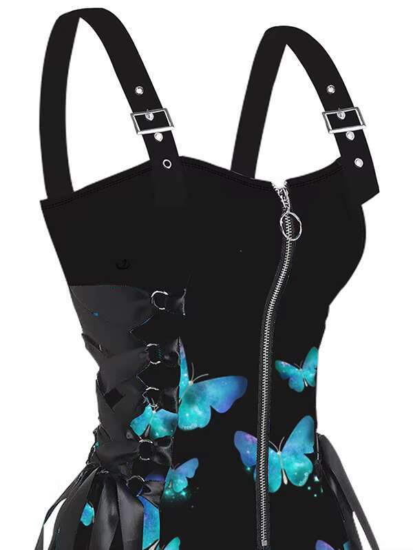 Dressfo 2025 Womens Sexy Sleeveless Dresses Shiny Butterfly Print Lace Up Half Zipper Buckle Strap Mini Dress Vestidos dongdumaoyi