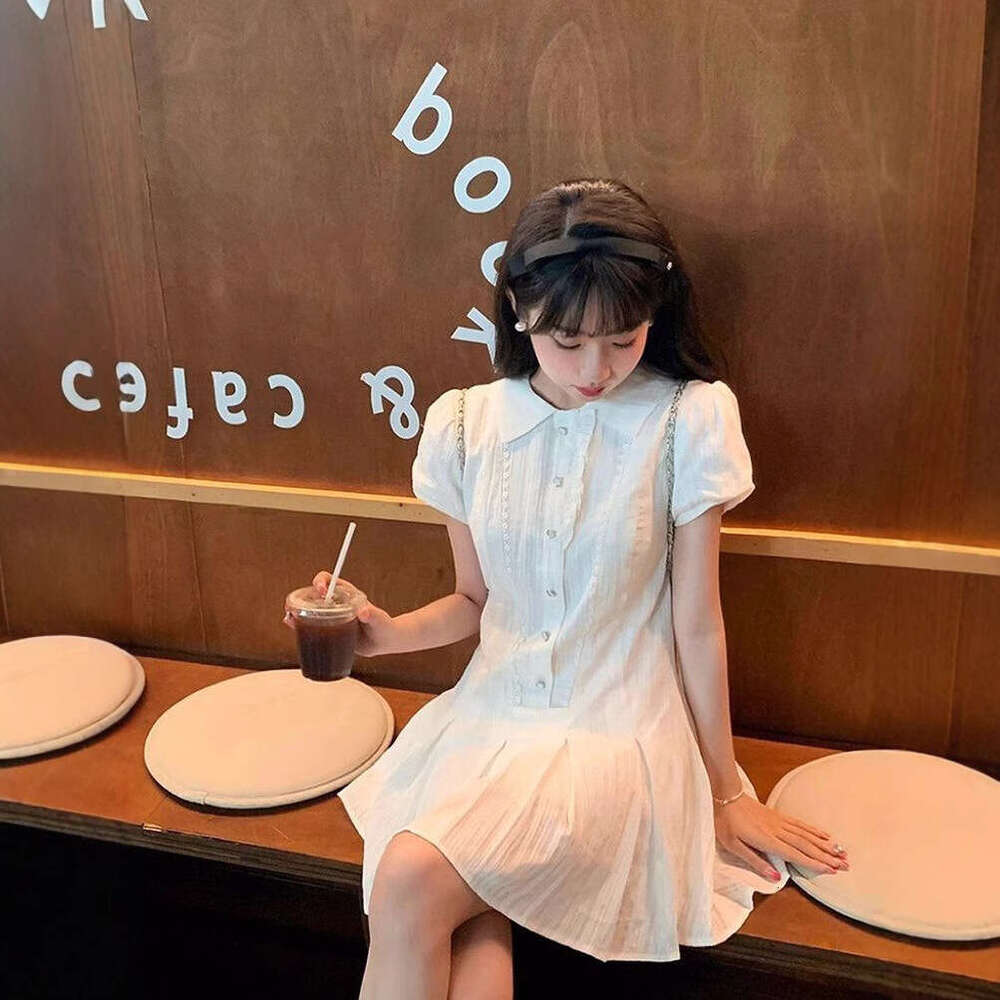 College White Puff Sleeve Shirt For Women Summer French Style Elegant Petite Waist-Cinching Sweet Short Dress B5