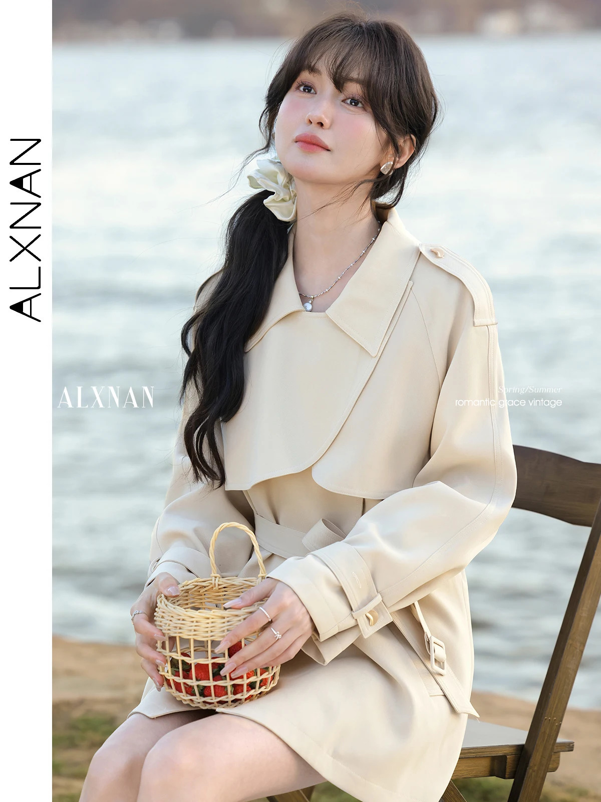 ALXNAN Apricot Womens Trench Coat Spring High-end Windbreaker Polo Collar Solid Versatile Jacket Ladies L52980 250703