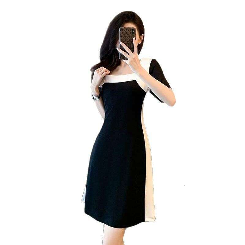 High-End And White Patchwork Square Neck Little Black For Women, Summer New Small Size Waist-Cinching Slimming Dress B5