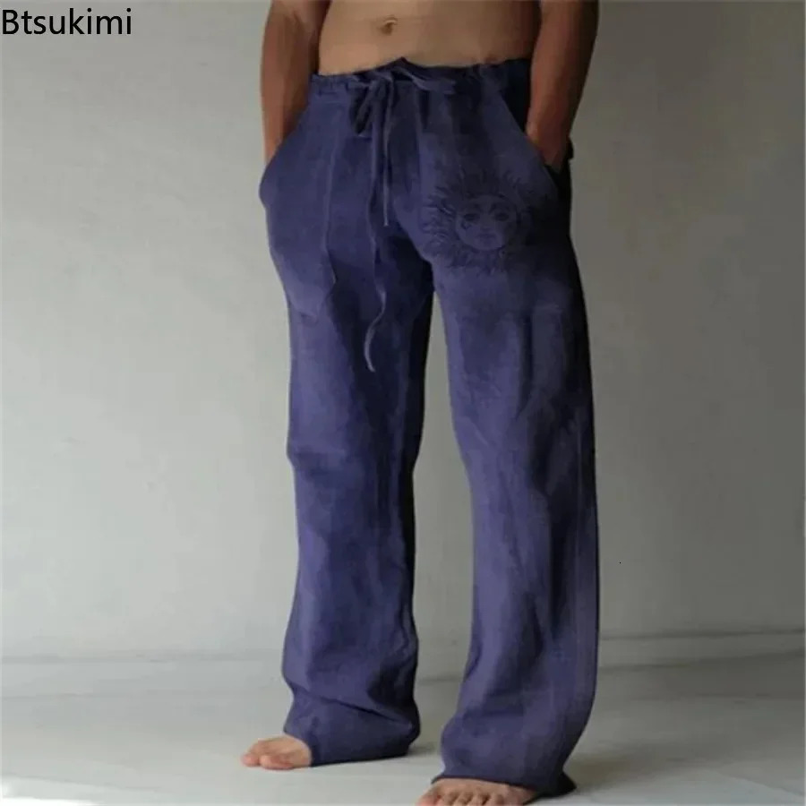 Mens Cotton Linen Pants Oversized Jogger Sweatpants Casual Flower Print Plus Size Loose Wide Leg Pants Men Casual Trousers 250708
