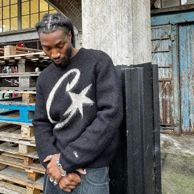 Y2K Graphic Men Knitted Sweater Hip Hop Vintage Punk Winter Pullover Streetwear Casual Aesthetics Haruku High Street Fashion
