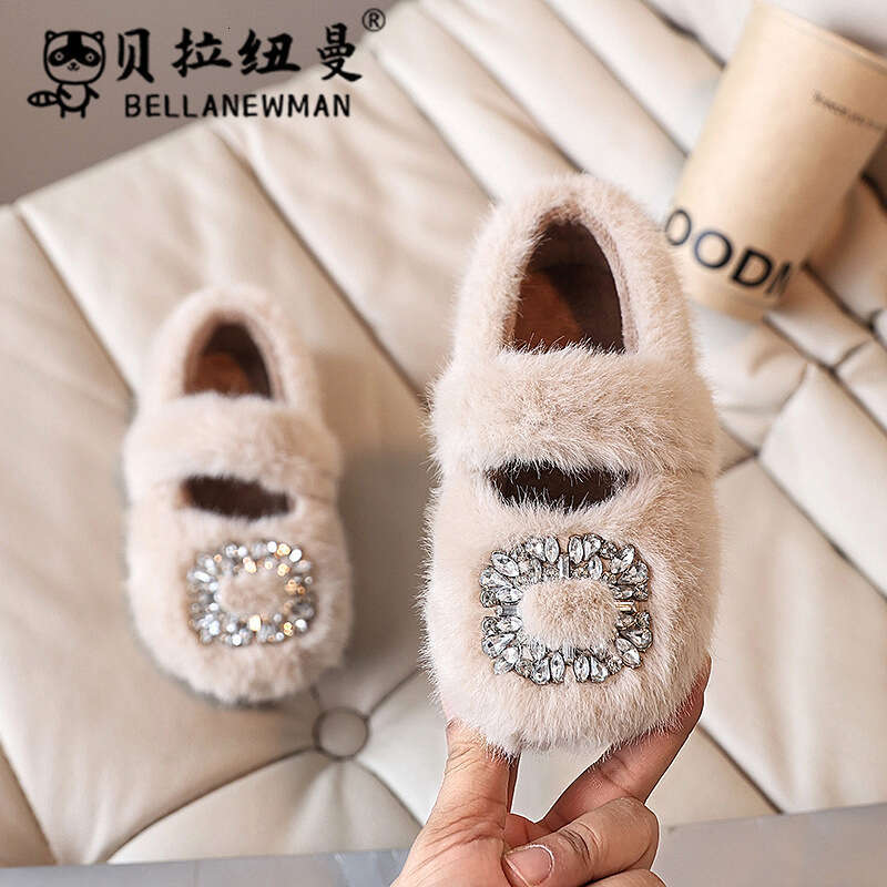 Children's with Rhinestones and Fleece Lining, 2024 Winter New Fashionable Furry for Girls, Outdoor Cotton Shoes