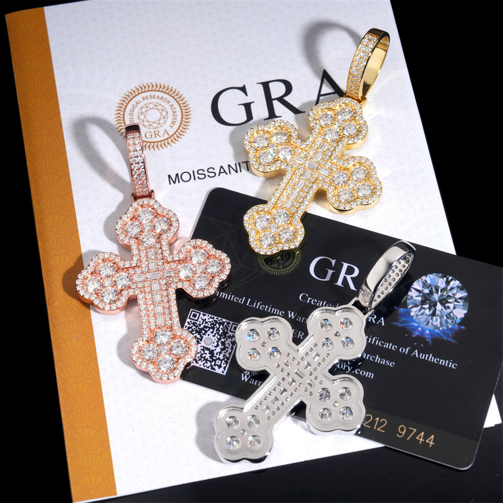 925 Silver Inlaid Moissanite Unisex Necklace Hip Hop Cross Pendant Accessory