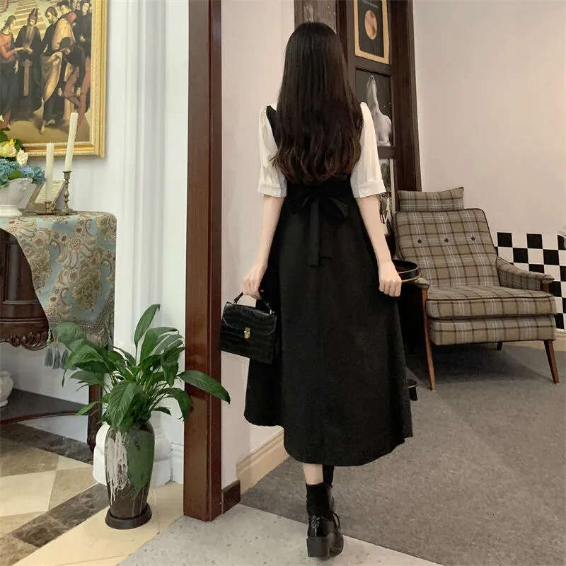 Hepburn Style Short Sleeve Black Fake Two-Piece For Women Summer New Waist-Cinching Slimming French Mid-Length Dress B5