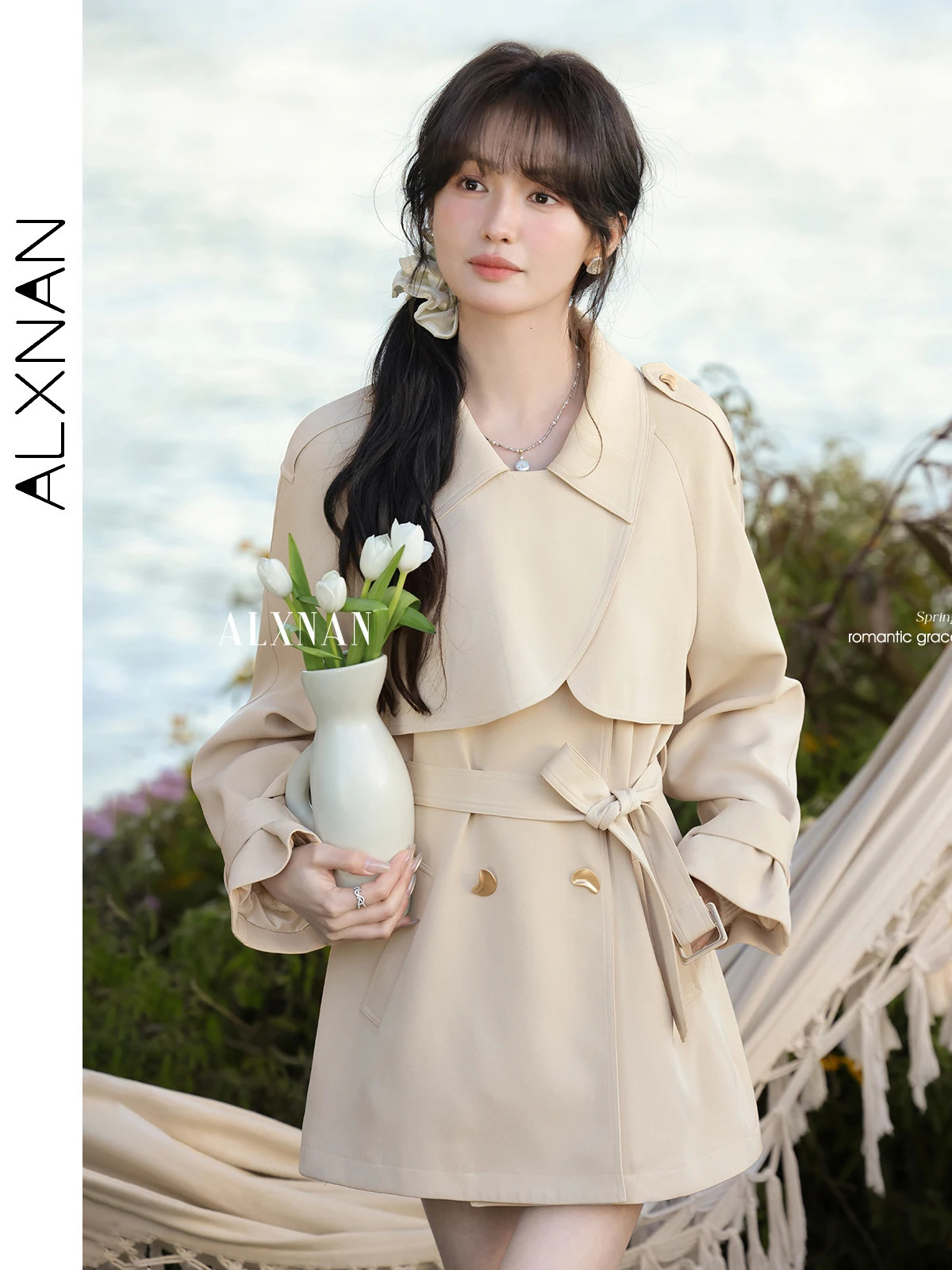 ALXNAN Apricot Womens Trench Coat Spring High-end Windbreaker Polo Collar Solid Versatile Jacket Ladies L52980 250703