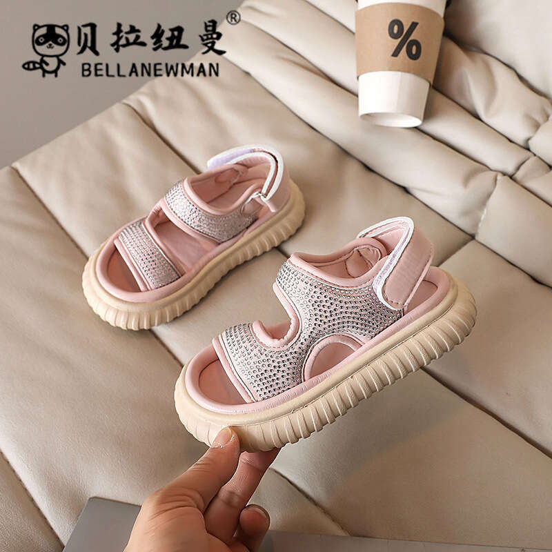 Bella Newman Girls' Fashion Rhinestone Sandals 2024 Summer New Children's Solid Color Open-Toe Beach Shoes for Big Kids