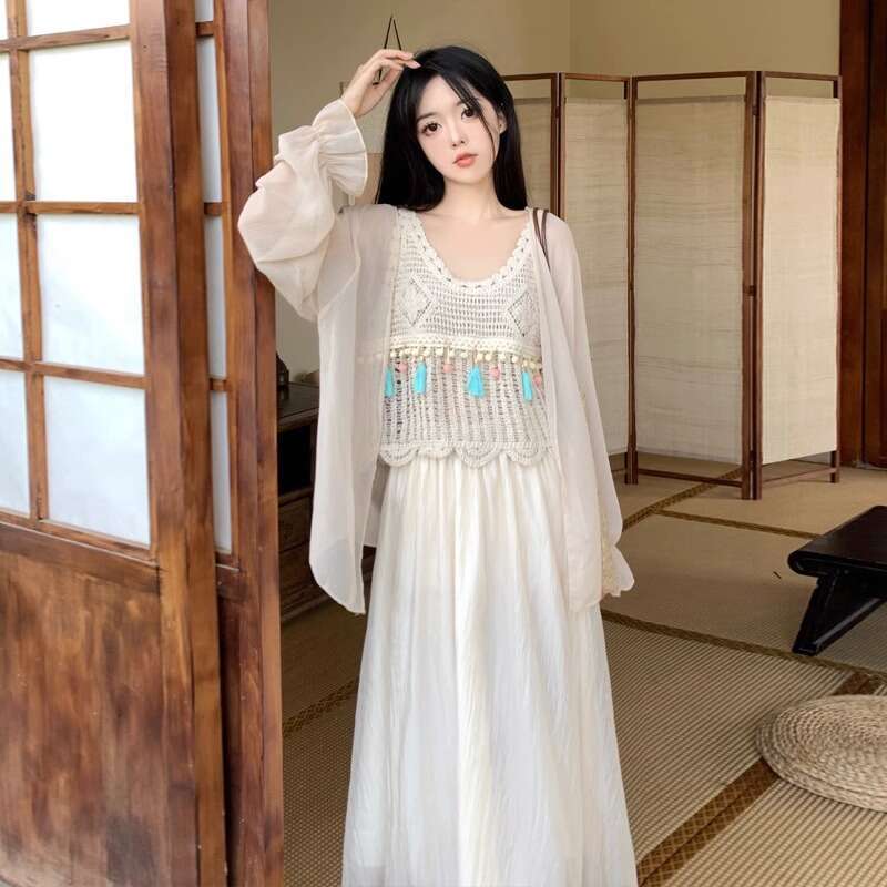 Plus Size Gentle Style Chiffon Half Skirt Slimming Suit For Women Summer Outfit Vest Sun Protection Cardigan Three-Piece Set B5
