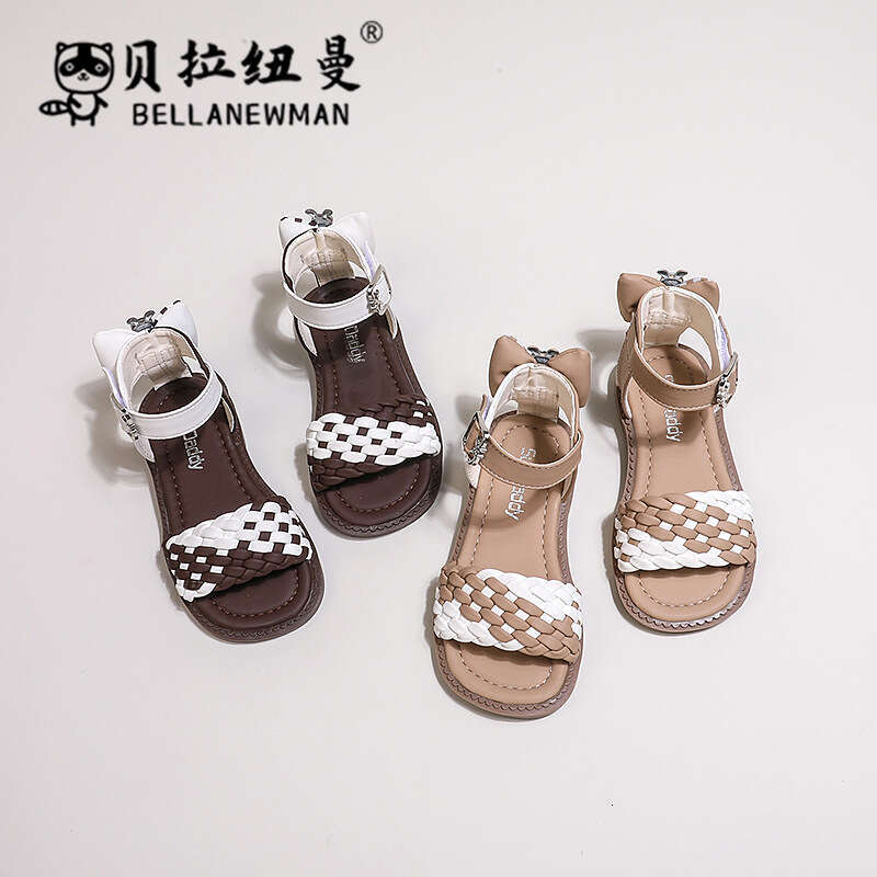 Children's Woven 2024 Summer New Girls' Fashion Bow Soft Sole Princess Roman Sandals