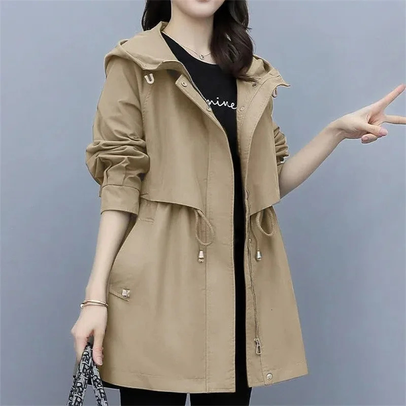 Safari Style Hooded Trench Coat Women Loose Windbreaker Cloak Coat Spring Autumn Fashion Lady Outerwear Casual Tops Trench 250708