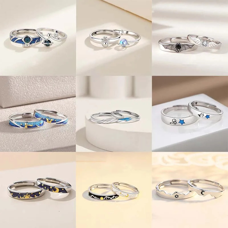 2Pcs Astronaut Planet Couple Rings for Women Men Cute Sliver Color Star Moon Adjustable Finger Romantic Lovers Jewelry 250704