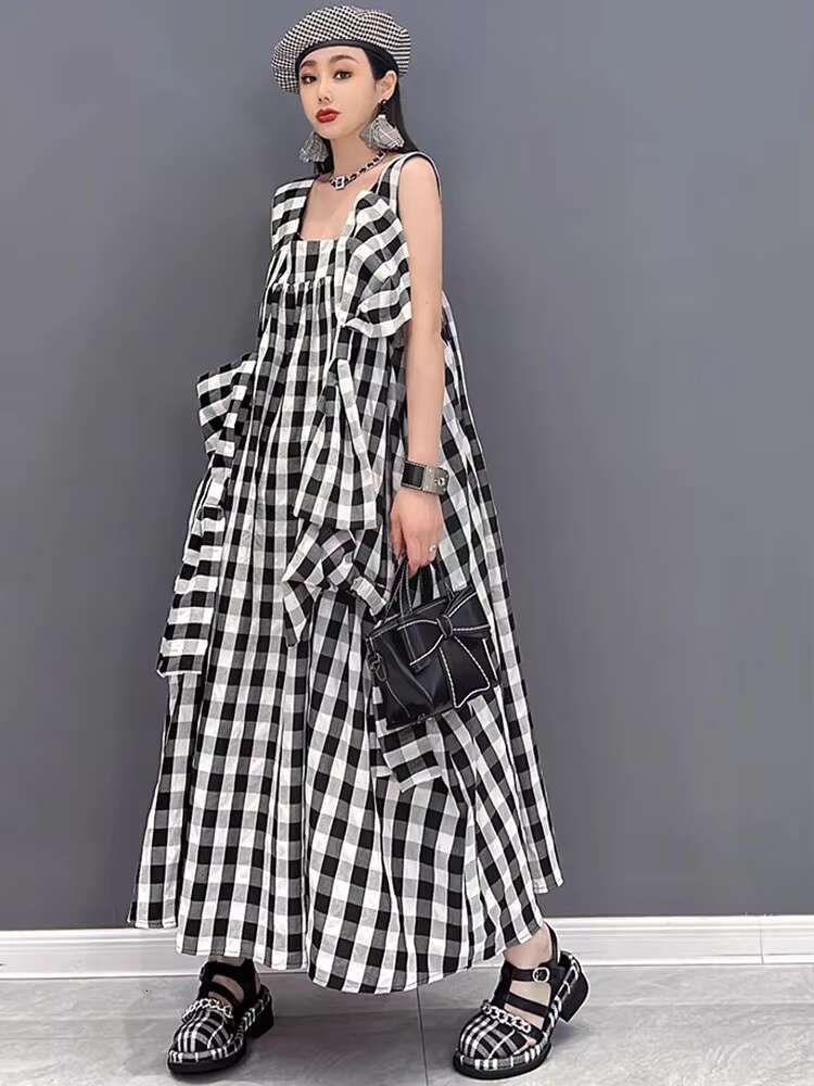 NYFS 2025 Summer New Plaid Dresses Backless Sleeveless Patchwork Bow Small Fresh Minority Elegant Loose Plus Size Long Dress dongdumaoyi