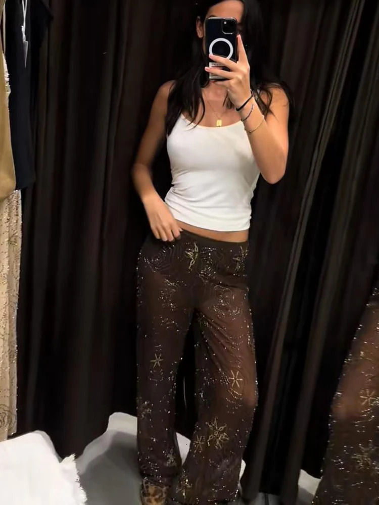 Sexy Beading Brown Women Pants Street See Through Elastic Waist Wide Leg Party Trousers Fashion Lady Loose Shinny Trousers 250710