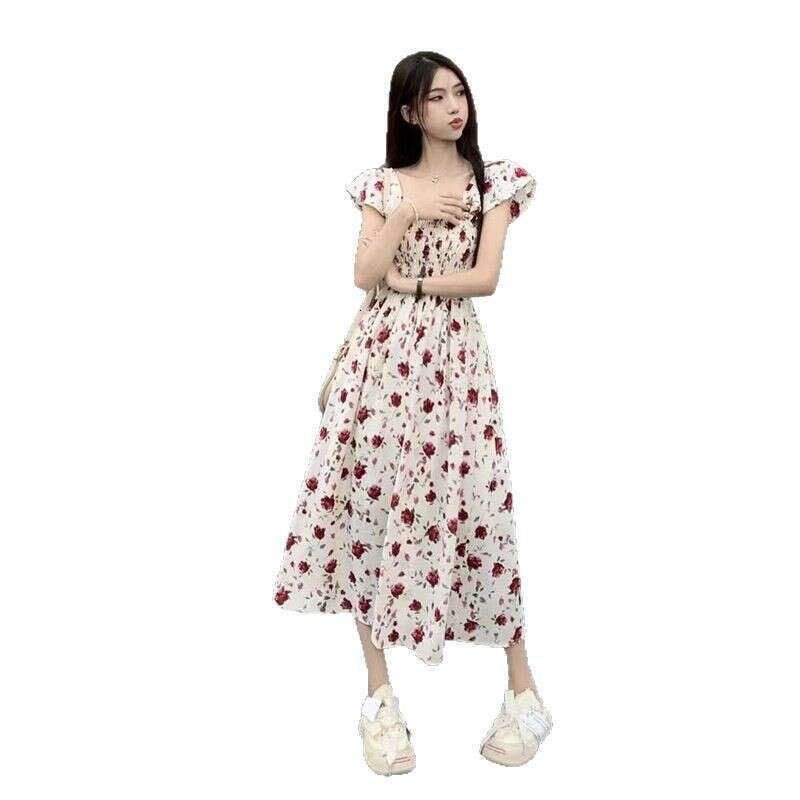 French Style Flutter Sleeve Square Neck Floral For Women Summer Vacation Beach Elegant Fairy Long Dress B5