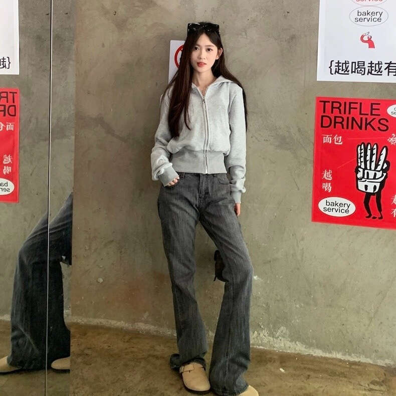 American Style Gray Hooded Sweatshirt Jacket For Women Early Autumn New Cleanfit Zipper Cardigan Short Top B5 h7