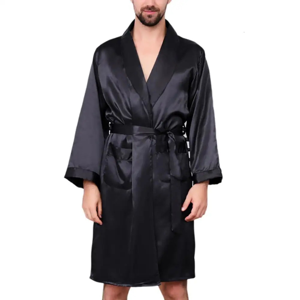 Summer Men Robe Silk with Pockets Waist Belt Bath Robe Home Gown Sleepwear 250710