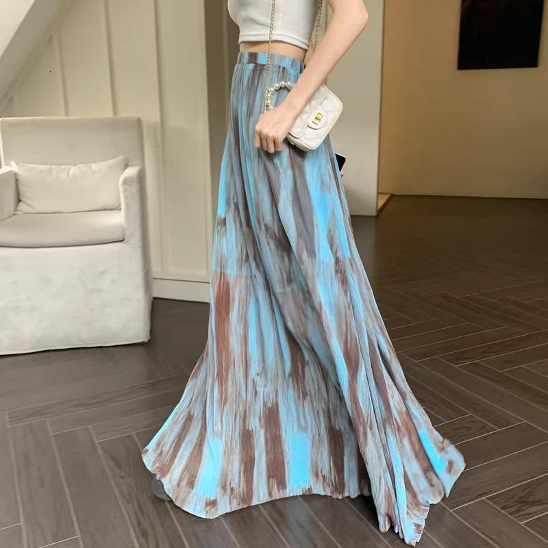 New women's dress retro Chinese ethnic style tie dye dress women's vacation style high waist slim fit A-line skirt pleated long skirt flared
