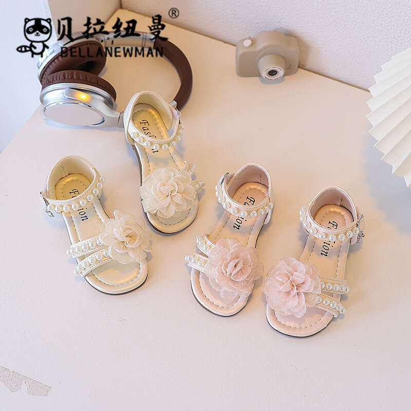 Girls Fashion Beaded Princess Sandals 2025 Summer New Children's Flower Open-Toe Beach Toddler Shoes
