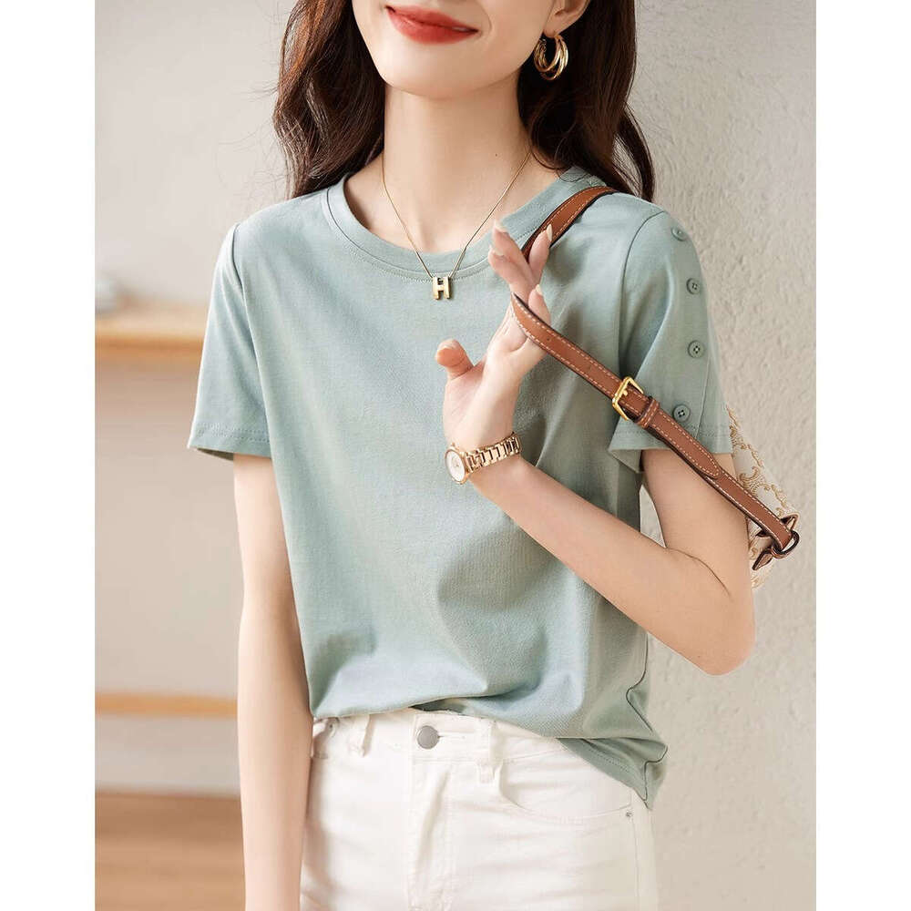 100% Cotton Mint Green Button Short Sleeve T-Shirt For Women Summer New Simple Fashion Commuter Solid Color Plus Size Top B5