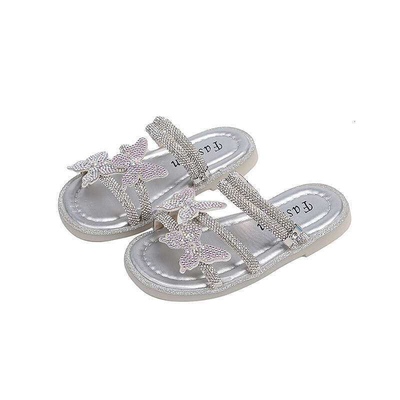 Children's Rhinestone French Style One-Strap Sandals 2025 Summer New Fashion Bowknot Fairy Slippers for Girls
