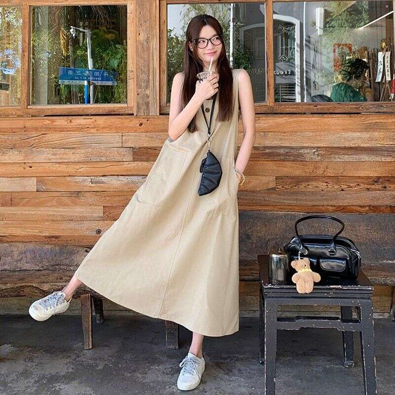 High-End Elegant Sleeveless Vest For Women Summer New Lazy Style Loose Slimming A-Line Long Dress B5