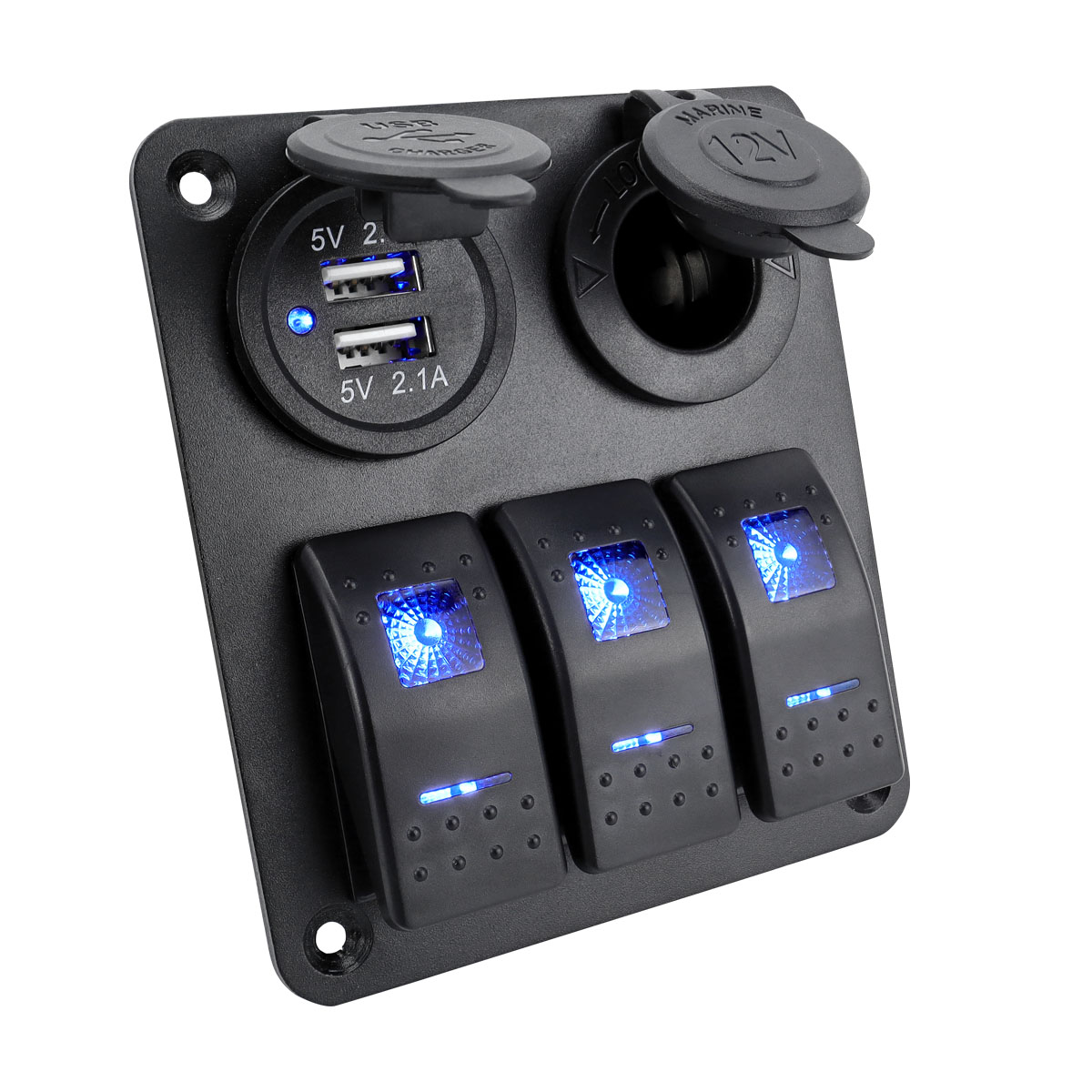 Waterproof 3-Gang Aluminum Rocker Switch Panel with Dual USB Charging Ports and Cigarette Lighter Outlet - Suitable for Car RV Truck (12/24 V DC)