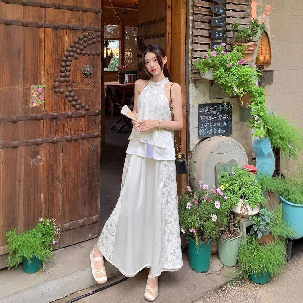 New Chinese Style National Trend Dress For Women High-End Butterfly Print Top Half-Length Long Skirt Two-Piece Summer Set B5