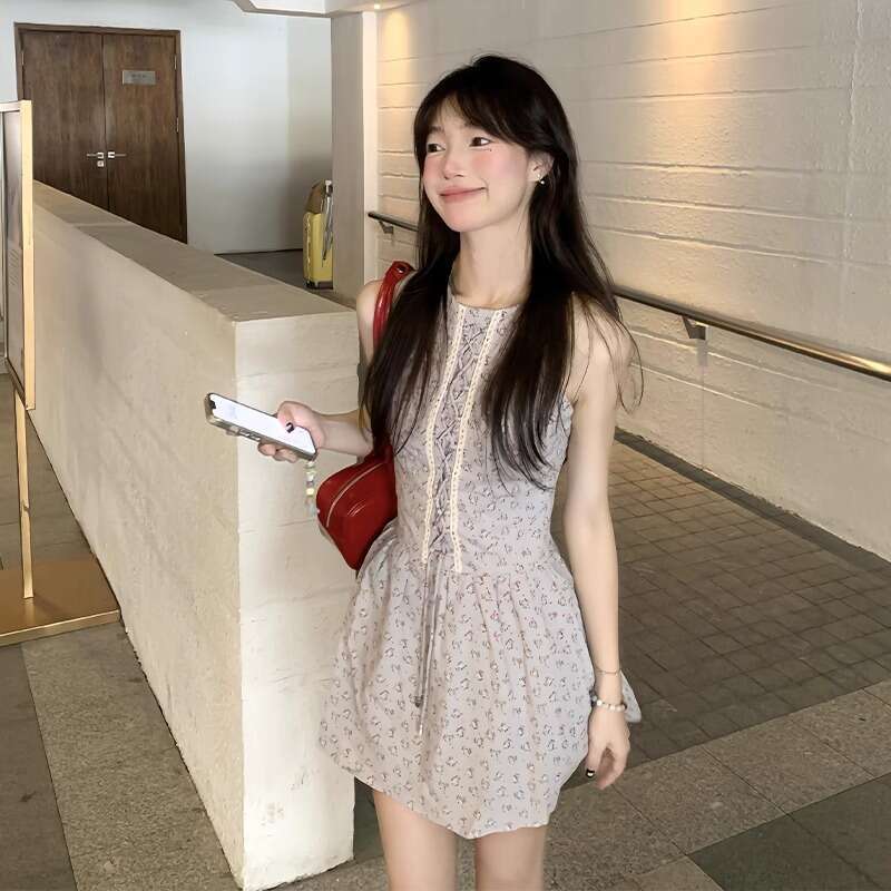 French Floral Sleeveless Vest For Women New Summer Waist-Cinching Slimming Beach Vacation Elegant Short Dress B5