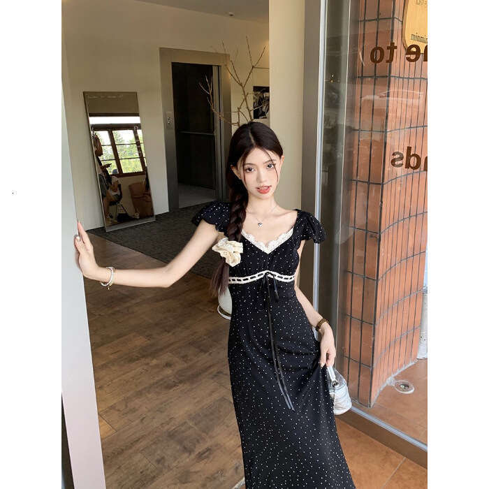Polka Dot Black A-Line Women's Summer Design Slim Fit Elegant Umbrella French Style Long Dress Women B5