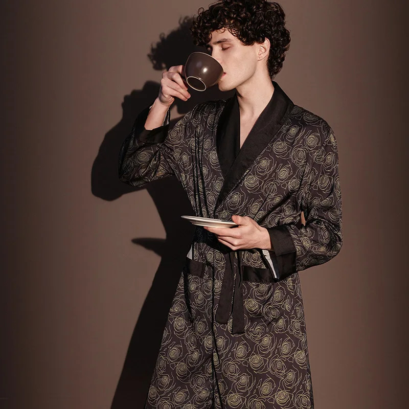 High Quality Satin Pajamas Suit Male Summer Mens Bathrobes Ice Silk Thin Sleepwear Male Long Sleeve Robes Four Seasons Yukata 250710