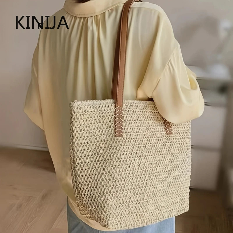 Korean Large Capacity Straw Woven Shoulder Bag Female Simple Summer Beach Vacation Handmade Basket Bag Travel Tote Bag 250704