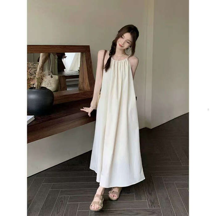 French Style Spaghetti Strap Fairy Summer Sweet Fresh White Beach A-Line Loose Sleeveless Long Dress B5