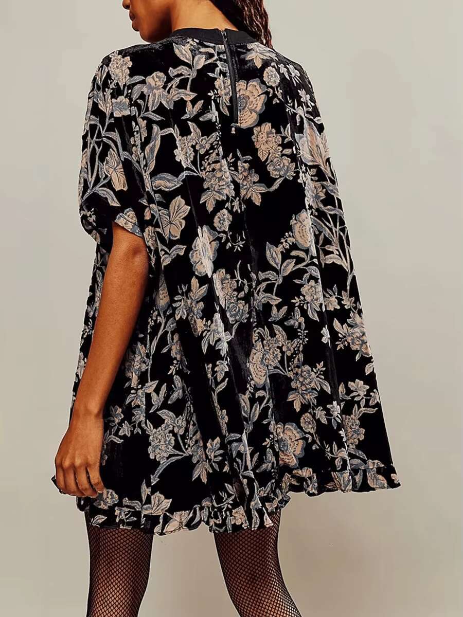 Women Velvet Summer Casual Loose Long Sleeve Crew Neck Flower Mini Lady Female Short Dress dongdumaoyi