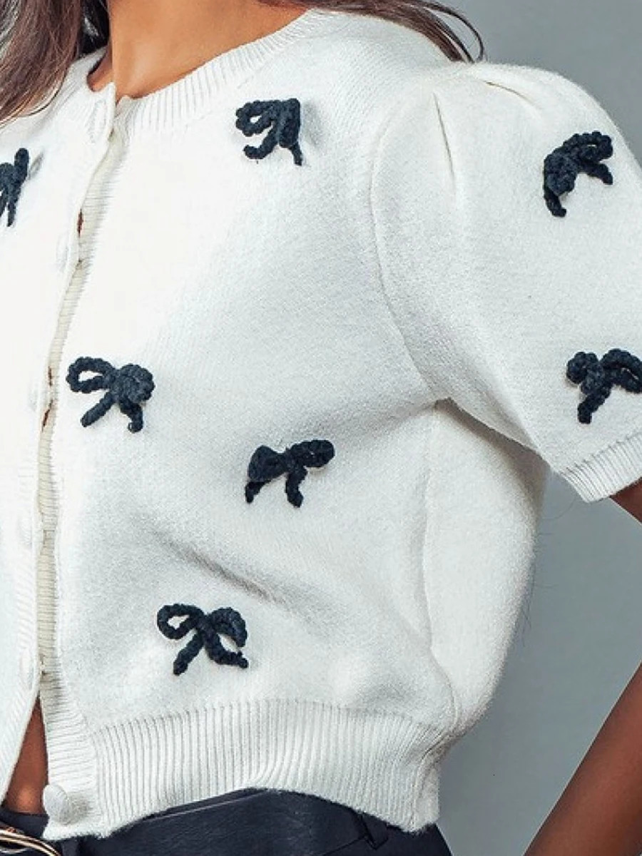 Ladies Fall Sweater Jacket with Half Sleeves Round Neckline Button Closure and 3D Bow Detail Knit Cardigan 250710