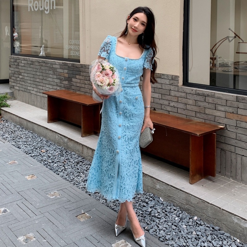 2025 New Women's Dress Summer New Women's Fashion Sexy Collar Heavy Lace Dress High Waist Slimming Short Sleeve Long Dress Blue Black New De