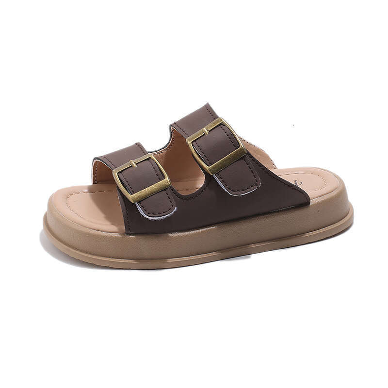 Children's Leather Casual Sandals 2025 Summer New Big Kids One-Strap Slippers Student Beach Shoes