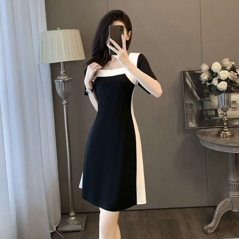 High-End And White Patchwork Square Neck Little Black For Women, Summer New Small Size Waist-Cinching Slimming Dress B5