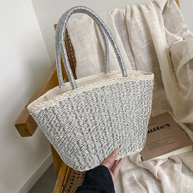 Summer Handmade Bags for Women Beach Weaving Ladies Silver Straw Beach Bag Top Handle Handbags Basket Female Shopping Bag 250704