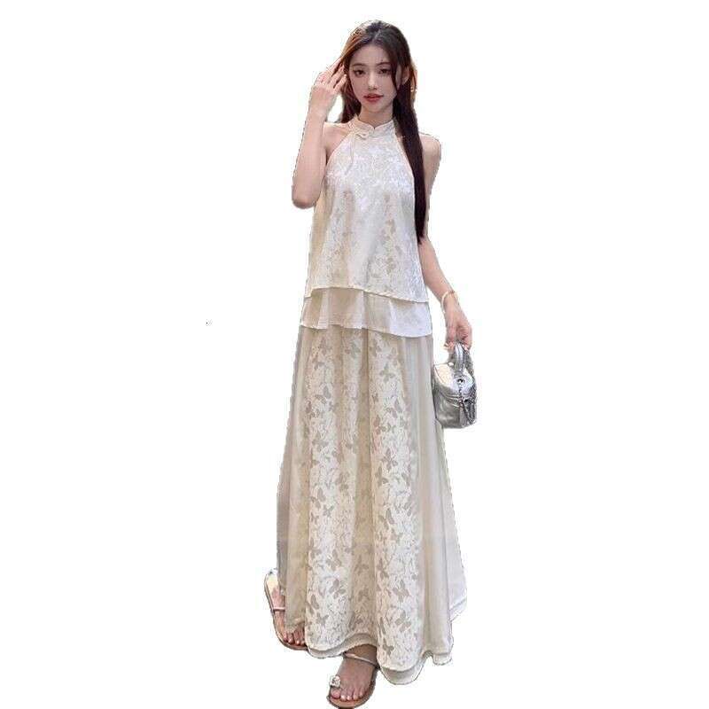 New Chinese Style National Trend Dress For Women High-End Butterfly Print Top Half-Length Long Skirt Two-Piece Summer Set B5