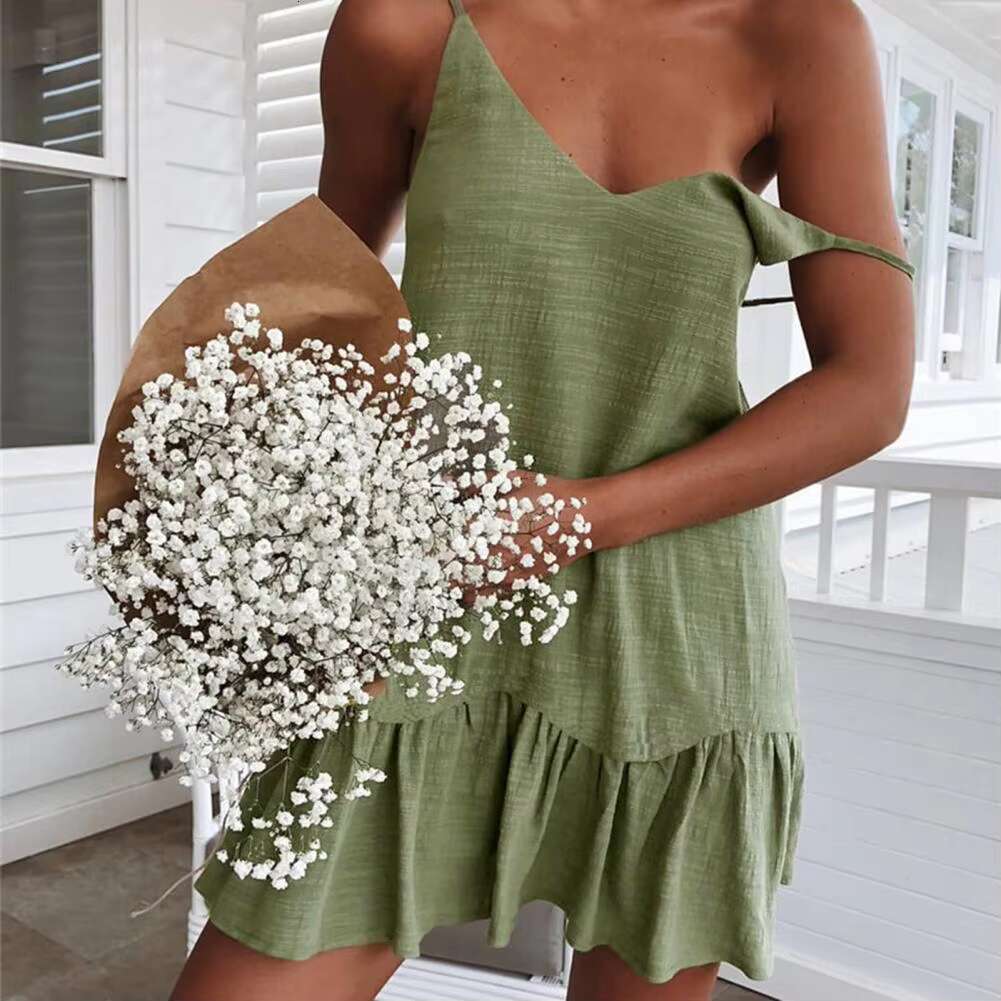 V Neck Summer for Dating Dress Solid Color Flounce Edge Spaghetti Strap Women Party Dresses dongdumaoyi
