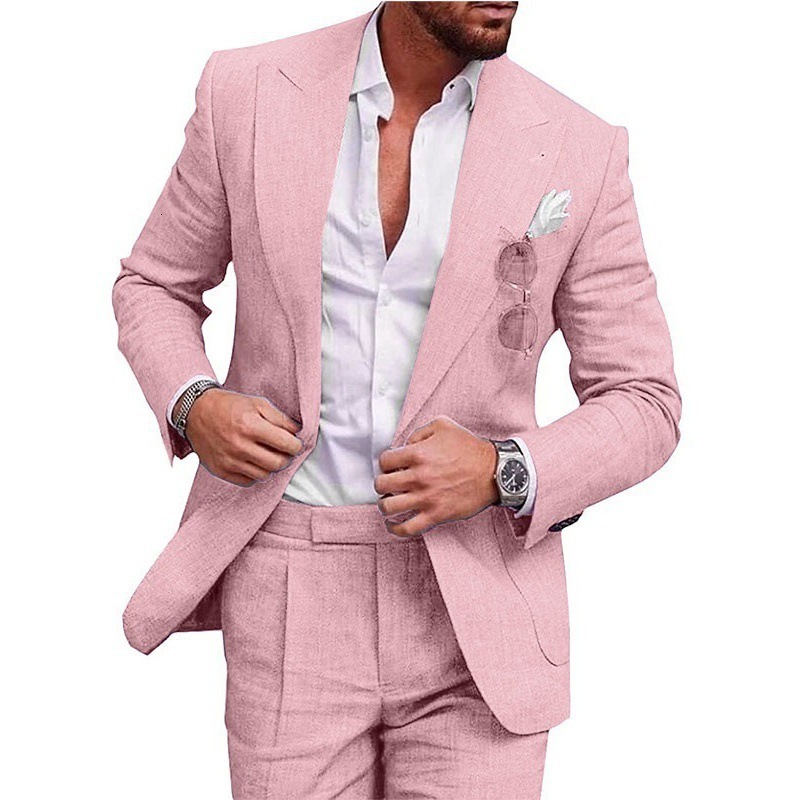 Summer Men Linen Suits Purple 2 Piece Beach Wedding Tuxedos Peaked Lapel Groom Man Casual Slim Fit Male Suit only Blazer 250222