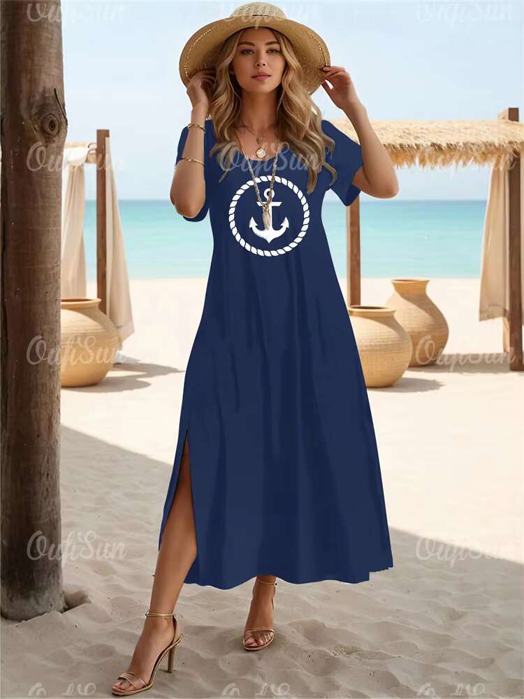New Vacation Womens Anchor Print Elegant Midi Dresses Female Short Sleeve Dress Fashion Oversized Clothes Summer 2024 dongdumaoyi