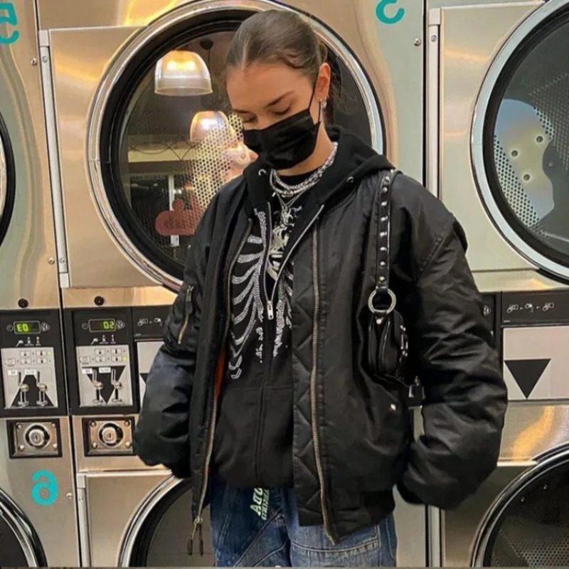 Y2K Skeleton Hoodie Gothic Black Zip Up Oversized Sweatshirts Female Retro Harajuku Hooded Jacket Streetwear 250707