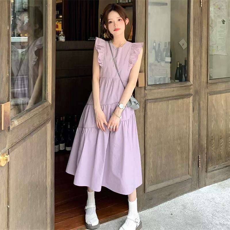 French Style Small Flutter Sleeve Vest High-End Gentle First Love Waist-Cinching Super Fairy Sweet Purple Long Dress For Summer Women B5