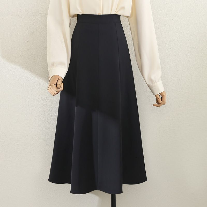 New women's half skirt, Korean style simple high waisted pleated suit skirt, women's four season loose and elegant mid length A-line flared 