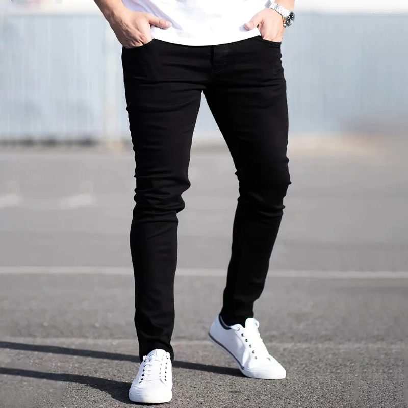 Men's Jeans Spring Mens Black Blue Pants Pure Color Stretch Street Casual Slim Fit Trousers Male Vintage Wash Skinny For Men