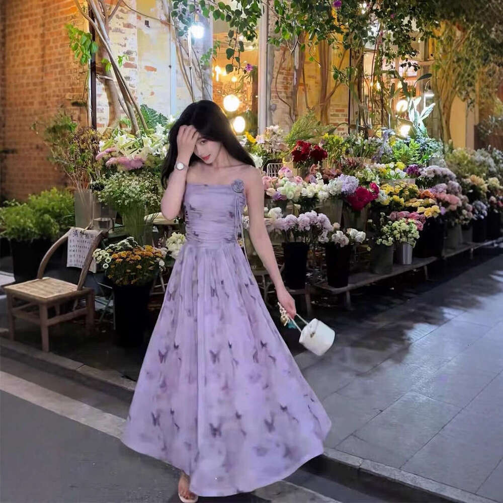 French Floral Butterfly Strap For Women Summer New Elegant Waist-Slimming Fairy Dress B5